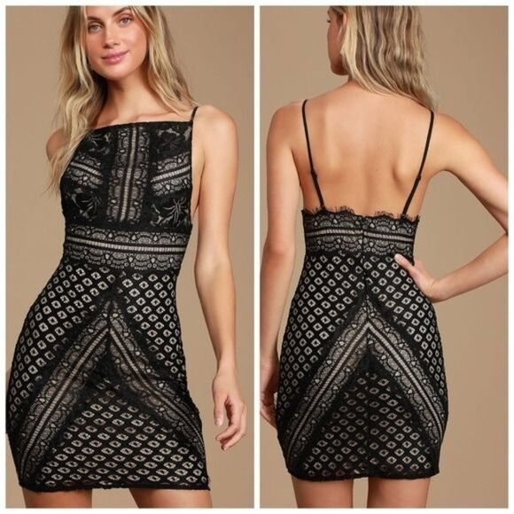 Lulus Wink Wink Black Eyelash Lace Square Neck Bodycon Mini Dress Size XS NEW - Picture 5 of 12